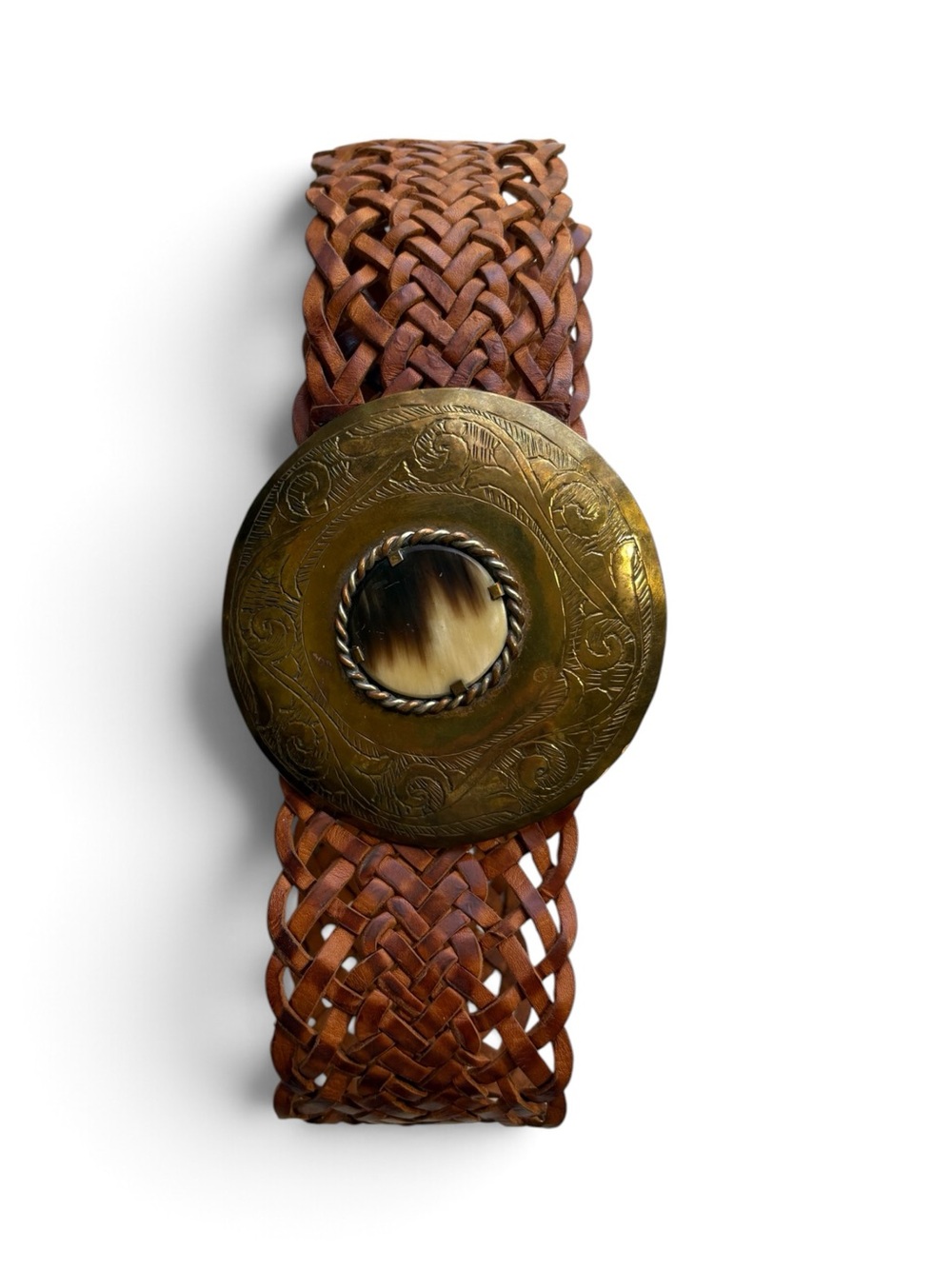 Chico's Braided Brown Leather Belt with Decorative Brass Buckle